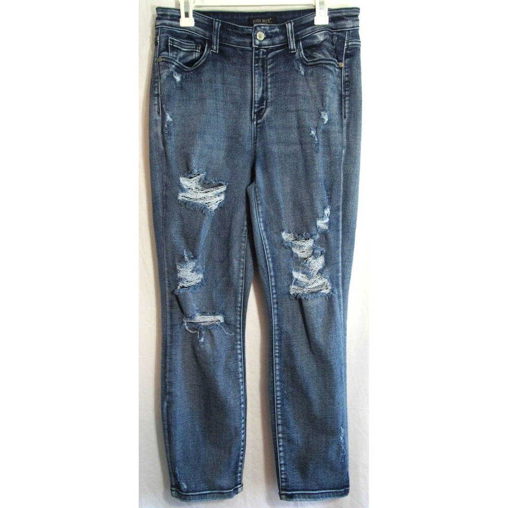 Judy Blue Distressed Blue High Rise Boyfriend Fit Blue Jeans Size 11/30 EUC